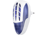 Appareil anti-insectes blanc et bleu avec des lumières internes visibles.