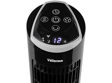 Charger l&#39;image dans la galerie, Ventilateur noir Tristar avec panneau de contrôle. Affiche le chiffre 12 et un &#39;H&#39;. Possède options de vitesse et minuterie.
