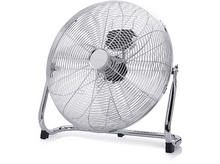 Charger l&#39;image dans la galerie, Un ventilateur argenté et circulaire sur fond blanc. Le ventilateur a une cage protectrice et un support.
