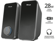 Haut-parleurs Trust noirs avec contrôle du volume, prise casque et USB.