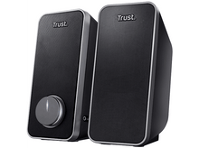 Charger l&#39;image dans la galerie, Paire d&#39;enceintes Trust noires avec molette de volume et maillage noir.
