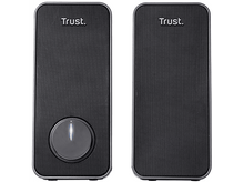 Charger l&#39;image dans la galerie, Deux enceintes noires. Une avec un bouton d&#39;alimentation avec une lumière au milieu.
