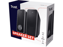 Charger l&#39;image dans la galerie, Ensemble d&#39;enceintes dans une boîte. Les enceintes sont noires et portent &#39;Trust&#39;.
