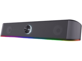 Haut-parleur noir avec lumières LED arc-en-ciel.