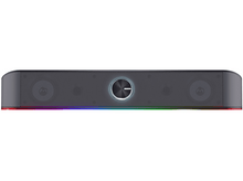 Charger l&#39;image dans la galerie, Barre de son noire avec éclairage RVB. Possède deux haut-parleurs et un bouton de commande central. Éclairage en bas.
