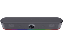 Charger l&#39;image dans la galerie, Une barre de son noire avec des lumières colorées et un bouton de contrôle central.
