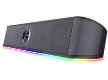 Charger l&#39;image dans la galerie, Barre de son gris foncé avec des lumières LED multicolores brillantes le long du bord inférieur.
