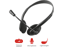 Charger l&#39;image dans la galerie, Un casque noir avec un microphone, un contrôle du volume et le mot &#39;Léger&#39; sur un fond blanc.
