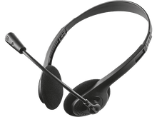 Charger l&#39;image dans la galerie, Casque Trust noir avec micro flexible et oreillettes rembourrées, sur fond noir.
