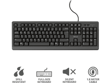 Charger l&#39;image dans la galerie, Un clavier noir avec des touches et des symboles. Ci-dessous, des icônes pour résistant aux éclaboussures, clavier pleine taille, etc.
