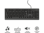 Un clavier noir avec des touches et des symboles. Ci-dessous, des icônes pour résistant aux éclaboussures, clavier pleine taille, etc.
