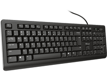Charger l&#39;image dans la galerie, Clavier d&#39;ordinateur noir avec touches blanches et texte blanc. Le clavier a un logo Trust et des touches de fonction.
