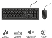 Charger l&#39;image dans la galerie, Clavier et souris d&#39;ordinateur noirs. Caractéristiques : résistant aux éclaboussures, pleine taille, silencieux et câble.
