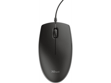 Charger l&#39;image dans la galerie, Une souris d&#39;ordinateur Trust noire avec une molette et un cordon, avec un logo Trust.

