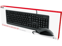 Charger l&#39;image dans la galerie, Un ensemble clavier et souris noir dans son emballage. Le clavier est de taille standard et la souris est noire.
