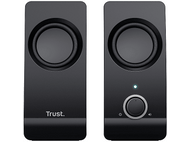 Deux enceintes Trust noires. L'une a un bouton de volume et l'autre un bouton d'alimentation et une lumière verte.