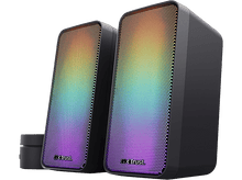 Charger l'image dans la galerie, Deux enceintes Trust noires avec éclairage arc-en-ciel. Une petite unité de contrôle noire à gauche.
