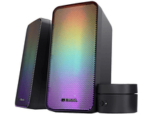 Charger l'image dans la galerie, Deux enceintes noires avec éclairage arc-en-ciel. Caisson de basses noir. Fond blanc.
