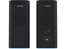 Charger l&#39;image dans la galerie, Deux haut-parleurs noirs. Le haut-parleur droit a une commande de volume. &#39;GX Trust.&#39; est écrit sur les deux.
