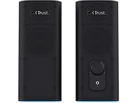 Deux haut-parleurs noirs. Le haut-parleur droit a une commande de volume. 