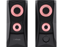 Charger l&#39;image dans la galerie, Deux enceintes noires avec des cercles de lumière rouges. Les enceintes ont un contrôle du volume à droite.
