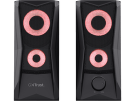 Deux enceintes noires avec des cercles de lumière rouges. Les enceintes ont un contrôle du volume à droite.