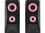 Deux enceintes noires avec des cercles de lumière rouges. Les enceintes ont un contrôle du volume à droite.