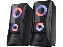 Charger l&#39;image dans la galerie, Deux enceintes noires avec des anneaux rouge/bleu brillants, un bouton de volume et des grilles en mesh.
