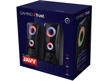 Charger l&#39;image dans la galerie, Boîte d&#39;enceintes gaming, enceintes noires avec lumières RGB et logo. Texte sur la boîte : &#39;Gaming Trust&#39;.
