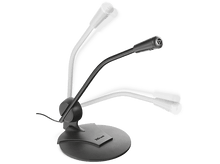 Charger l&#39;image dans la galerie, Un microphone noir avec un col incurvé, sur une base noire, et plusieurs effets de flou de mouvement.
