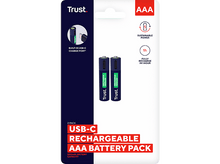Charger l&#39;image dans la galerie, Deux piles AAA rechargeables dans un emballage. Schéma de couleurs bleu et vert, avec port de charge.
