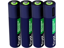 Charger l&#39;image dans la galerie, Quatre piles AAA rechargeables. Schéma de couleurs bleu et vert, avec indicateurs de charge.
