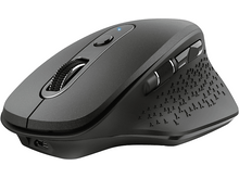 Charger l&#39;image dans la galerie, Une souris d&#39;ordinateur noire avec une molette de défilement et des boutons supplémentaires, vue en angle.
