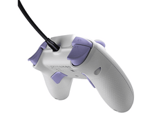 Charger l&#39;image dans la galerie, Manette de jeu blanche avec boutons violets et câble noir. Le dos est texturé.
