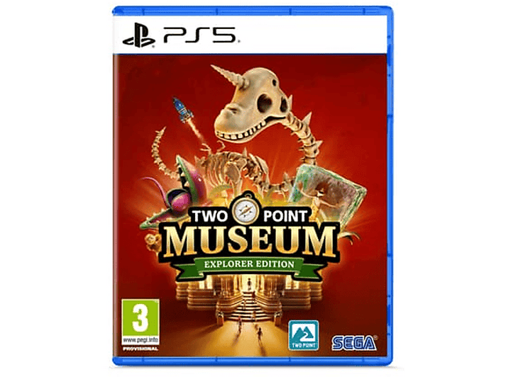 Boîte de jeu PS5 avec squelette de dinosaure et logo de musée. Fond rouge avec boîte bleue.