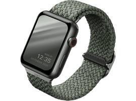 Smartwatch noir avec bracelet tressé vert, écran noir affiche l