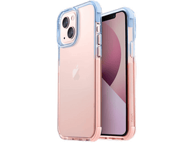 iPhone dans un étui transparent avec des accents bleus et roses, présenté en biais.