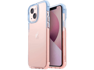 iPhone dans un étui transparent avec des accents bleus et roses, présenté en biais.