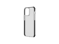 Coque de téléphone transparente avec bords noirs. La coque est transparente et légèrement inclinée.