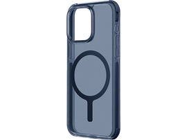 Coque iPhone bleue transparente avec cercle magnétique. Boutons latéraux visibles.