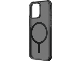 Coque transparente pour iPhone avec anneau MagSafe, sur fond noir.