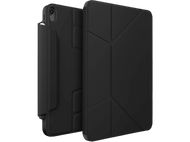 Un étui noir pour iPad. Fermé, avec un design géométrique sur la couverture et un côté pour tenir l'appareil.