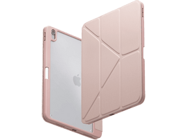 Étui pour tablette, couleur rose, avec un dos transparent et une couverture avant pliable.