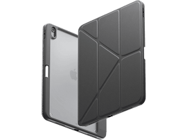 Étui pour iPad, cadre gris, dos transparent et couverture fermée.