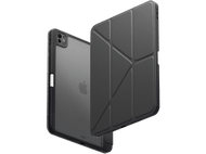 Étui iPad noir avec un dos transparent révélant le logo Apple, avec le couvercle partiellement ouvert.