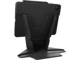 Support de tablette noir avec une tablette. Le support est pliable et possède un porte-stylo.