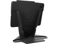 Support de tablette noir avec une tablette. Le support est pliable et possède un porte-stylo.