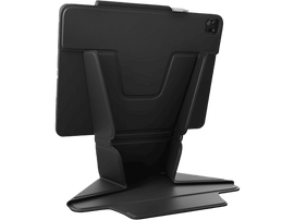 Une tablette noire avec un support noir, sur fond noir.