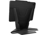 Une tablette noire avec un support noir, sur fond noir.