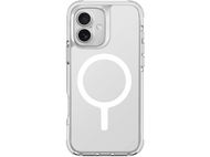 Coque transparente pour iPhone avec un cercle MagSafe blanc. La coque est sur fond noir.